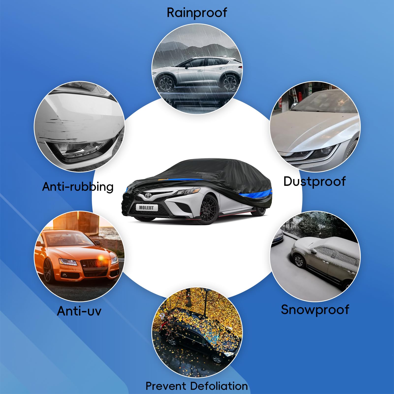 Molebt Car Cover Waterproof All Weather For Automobiles, Universal Fit Sedan Coupe Chevrolet Corvette/Camaro, Ford Mustang/Fusio