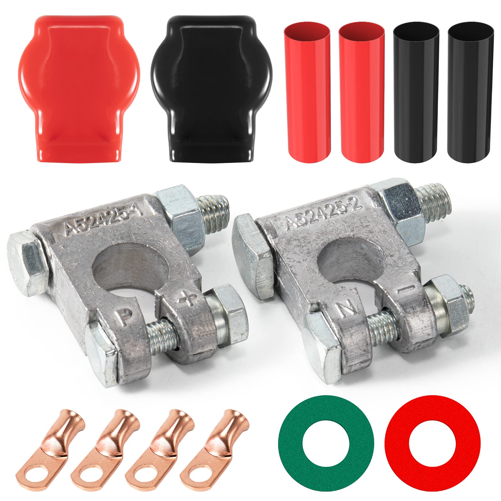 Battery Terminal Connectors, Military Spec Positive Negative Heavy Duty Battery Terminals With Cover, 3/8' Copper Lugs, Heatshrink, Anti Corrosion Washer For Vessels Cars Boats Rvs