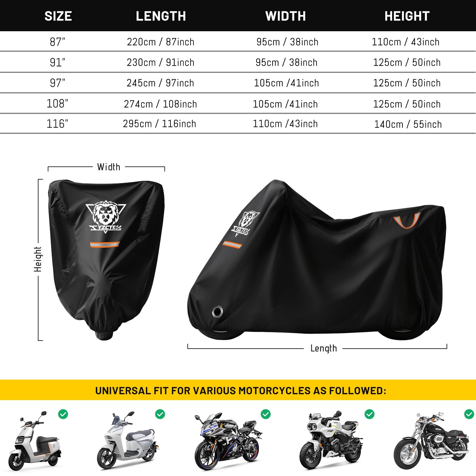 Xyzctem Motorcycle Cover Waterproof Outdoor All Season Protection Motorcycle Storage Night Reflective Handles With Lock-Holes St