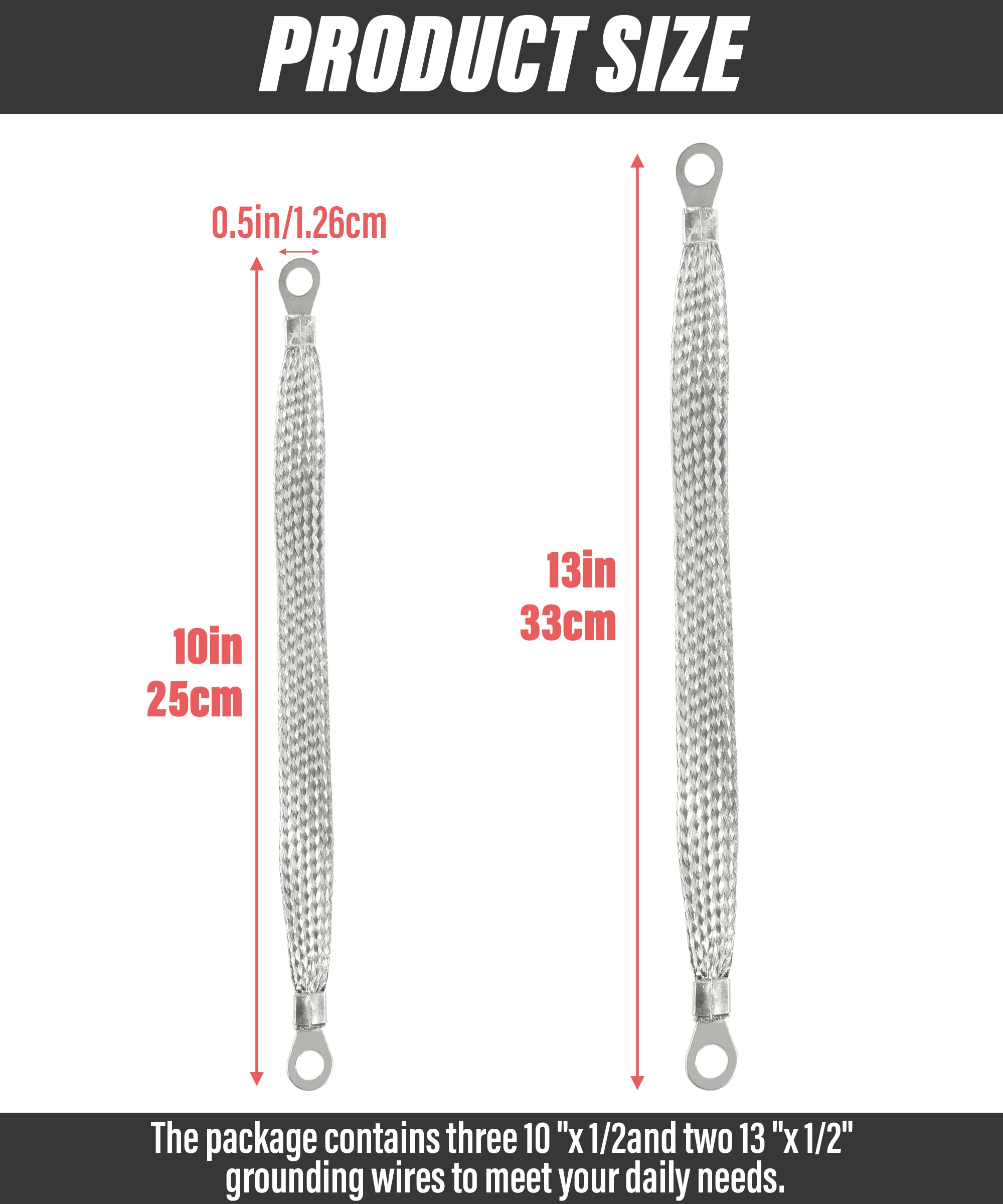 Zlirfy Automotive Ground Strap Kit,Universal Flat Braided Copper Ground Strap,3Pcs 10'' X 1/2'' And 2Pcs 13'' X 1/2'' Car Ground