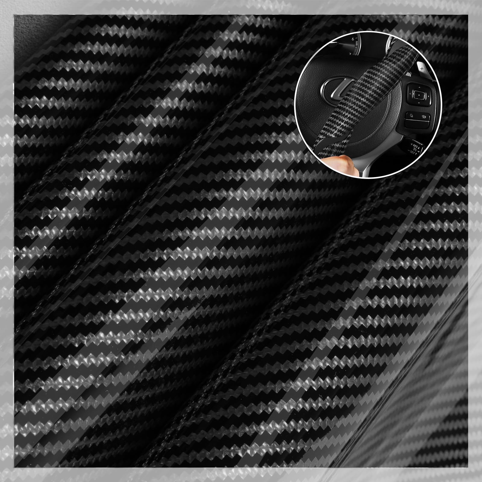 Car Steering Wheel Cover Set Bright Carbon Fiber Wrap Non-Slip 3pcs Steering Wheel Accessories 14.5-15 inch Universal (Black)