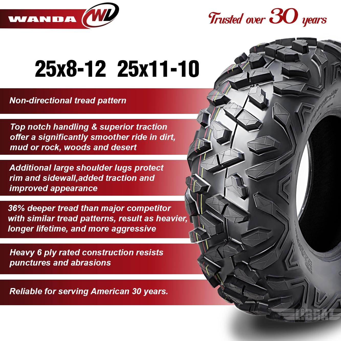 Wanda Set 6 All Terrain Utv Atv Tires (2) 25X8-12 Front & (4) 25X11-10 Rear 6Pr Bighorn Style