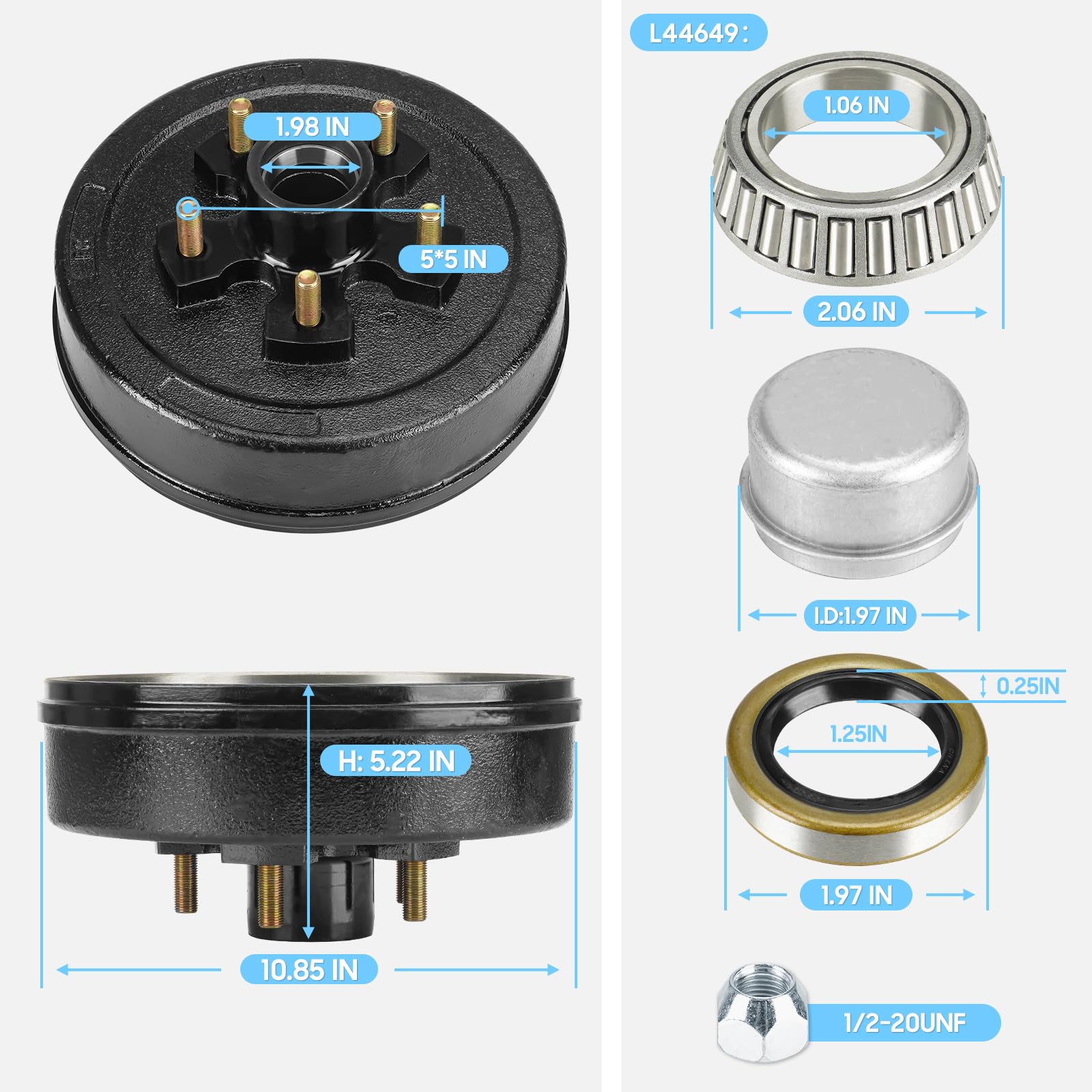 Trailer Axle Electric Brake Kit, Pair Of 5 Hole- 5'' Bolt Circle Brake Drum With 10'' X2-1/4'' Maual Adjusting Electric Brakes F