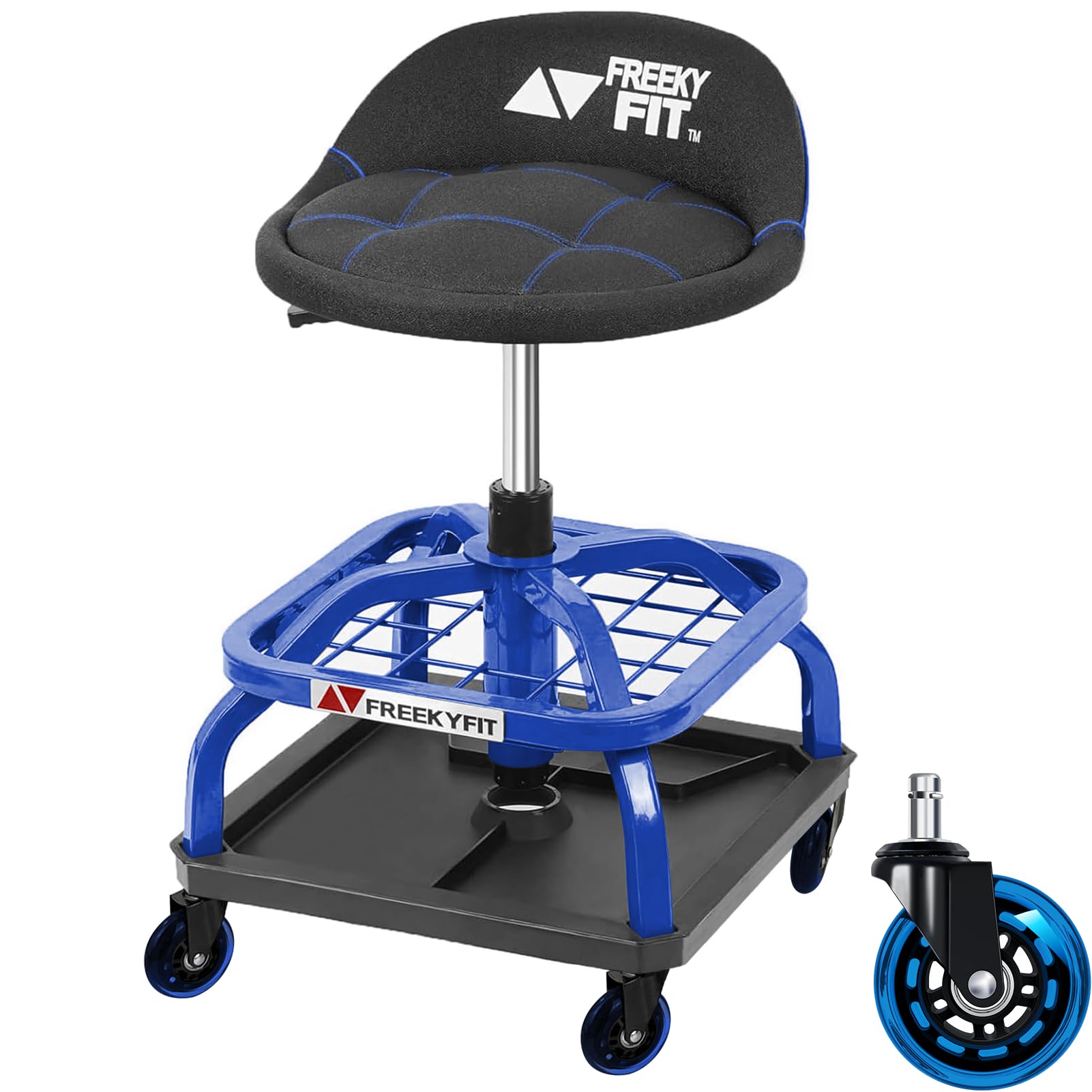 FreekyFit Rolling Stool with Blue Wheels,Heavy Duty Garage Work Mechanic Rolling Shop Stool with Backrest, Adjustable Height 360