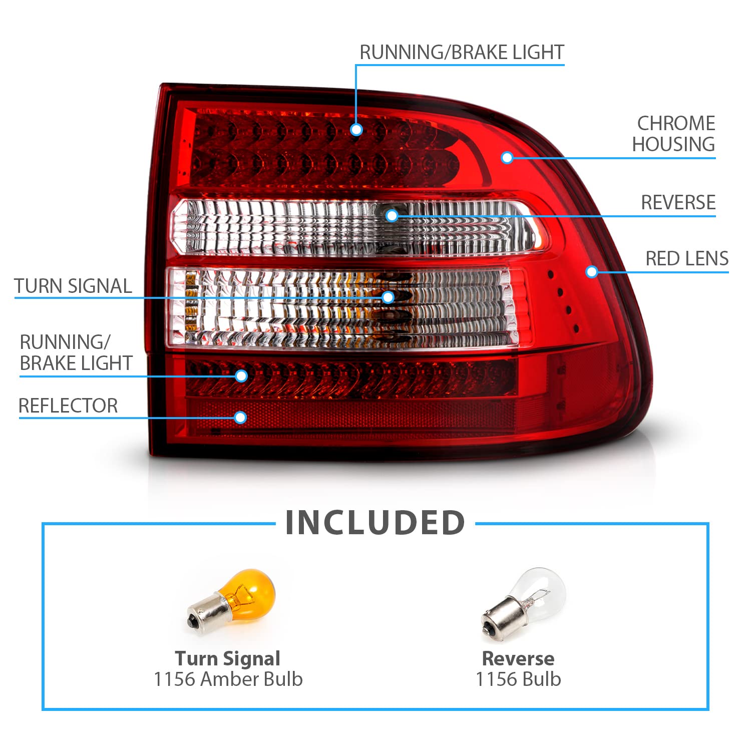 AmeriLite LED Tail Lights Pair for Porsche Cayenne SUV - Red, Driver & Passenger Side