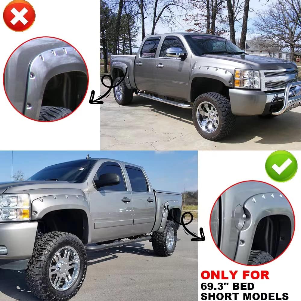 G-PLUS Fender Flares for 2007-2013 Chevrolet Silverado 1500, Black Polypropylene, Short Bed 69.3" Fleetside, Compatible with New Body Style