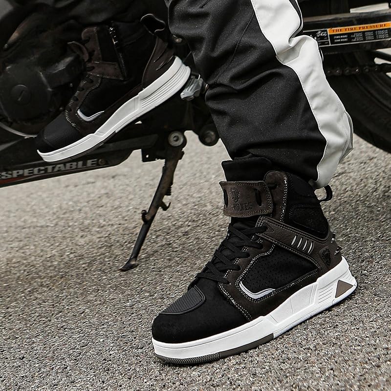 Bofucn Motorcycle Leather Boots,Street Riding Shoes,Anti-Slip Side Zipper Shoes For Men And Women (Black/Grey, Adult, 12.5 Men/1