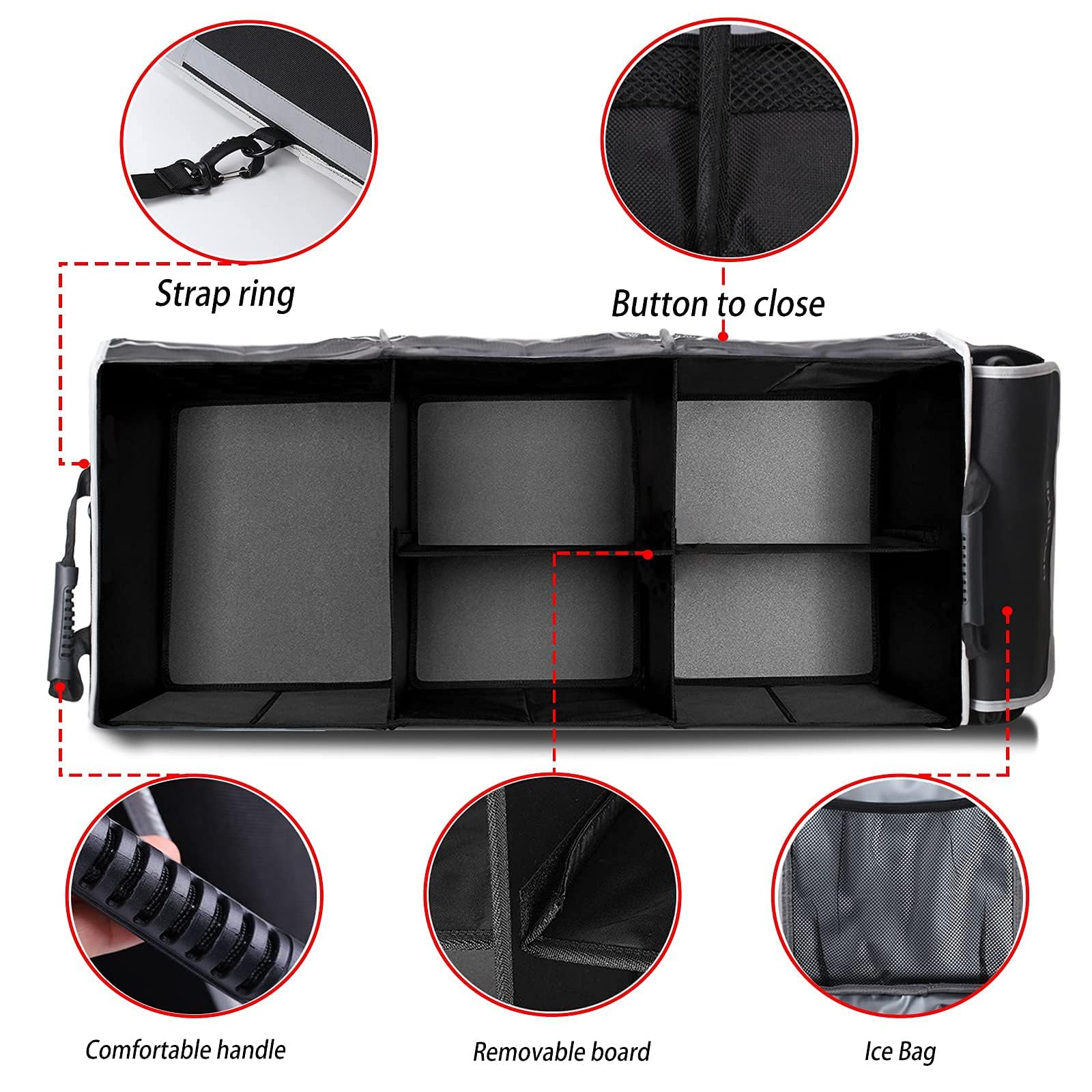 Homeve Extra Large Collapsible Trunk Organizer With Cooler Bag,3 Compartments Storage Organizer With Cover