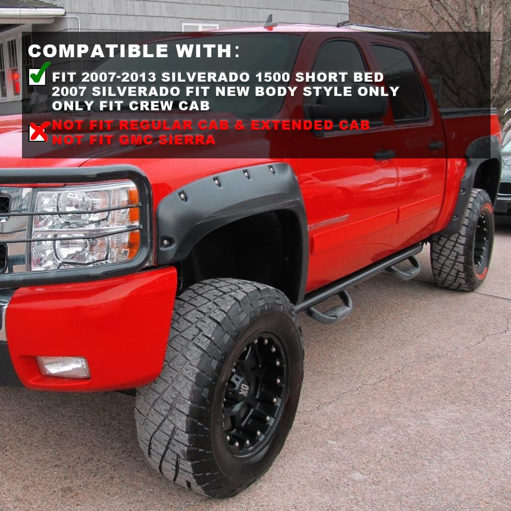 G-Plus Pocket Rivet Upgrade Fender Flares, Compatible With 2007-2013 Chevy Silverado 1500, [Only Fit 69'' Short Bed Crew Cab(Excludes 07 Classic Models)], Textured Wheel Cover [Not Fit Gmc Sierra]