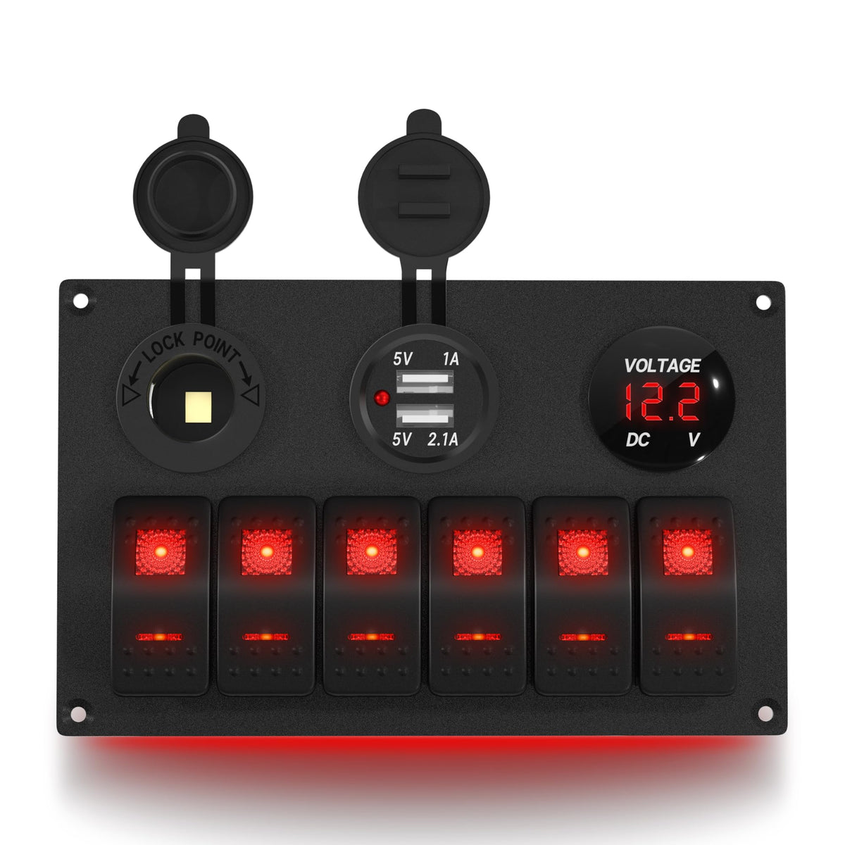Daiertek 6 Gang Rocker Switch Panel 12V Marine Switch Panel Waterproof Red Led 5 Pin Marine Rocker Switch Panel With Usb Cigaret