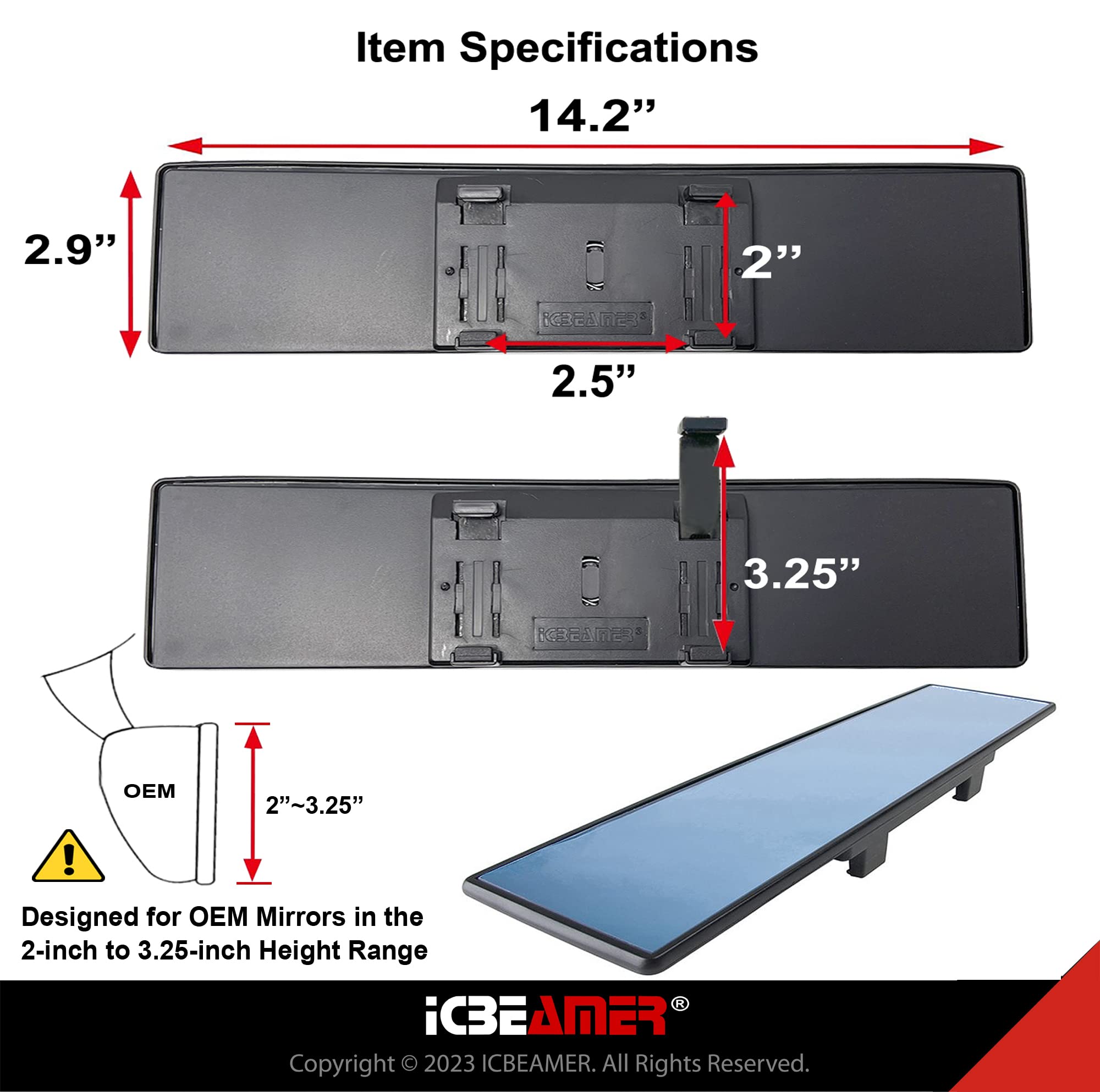 Icbeamer 14.2'' Car Rear View Mirror, Clear Blue Tint Flat Surface, 360Mm Panoramic Wide Angle Blindspot Mirror For Car,Rubber C