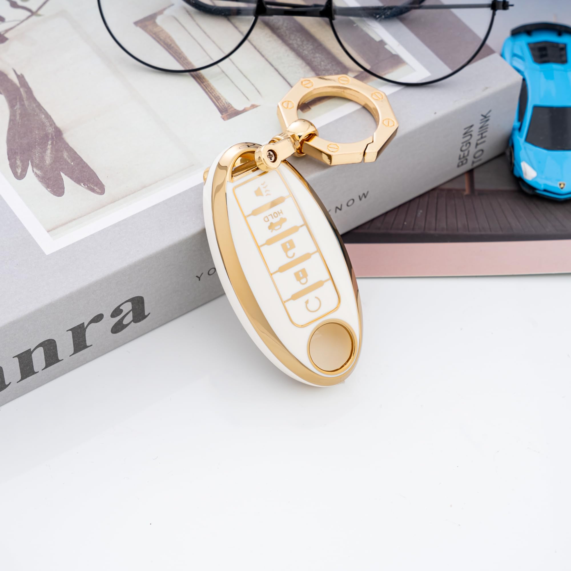 For Nissan Key Fob Cover Car Key Case Shell With Keychain Fit Nissan Altima Maxima Murano Rogue Sentra 370Z Pathfinder (5-White)