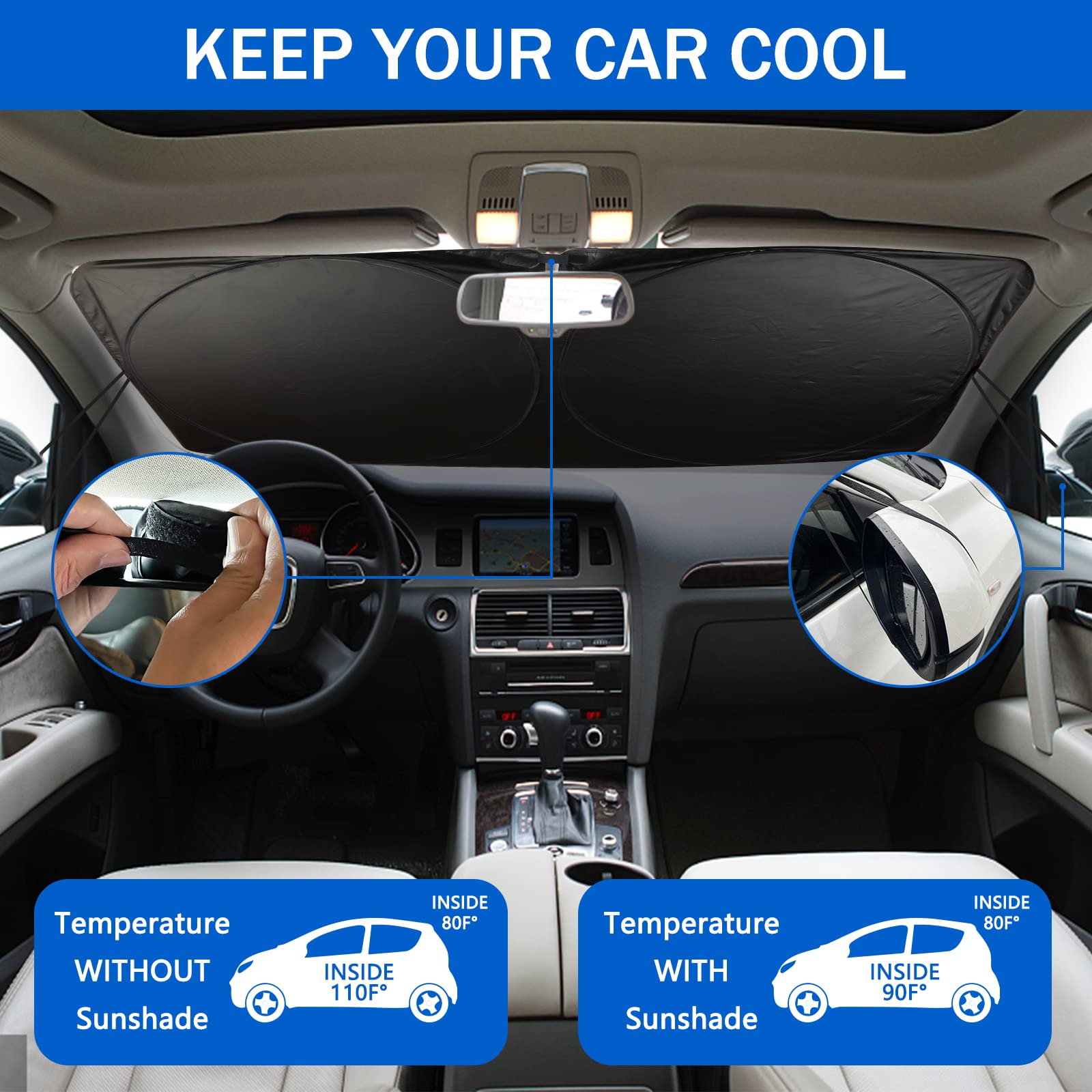 Car Windshield Sun Shade, Car Sun Shade Funny Car Eyes Sun Visor For Car Windshield, Wear-Resistant Black Tape, Foldable 63.7 ''