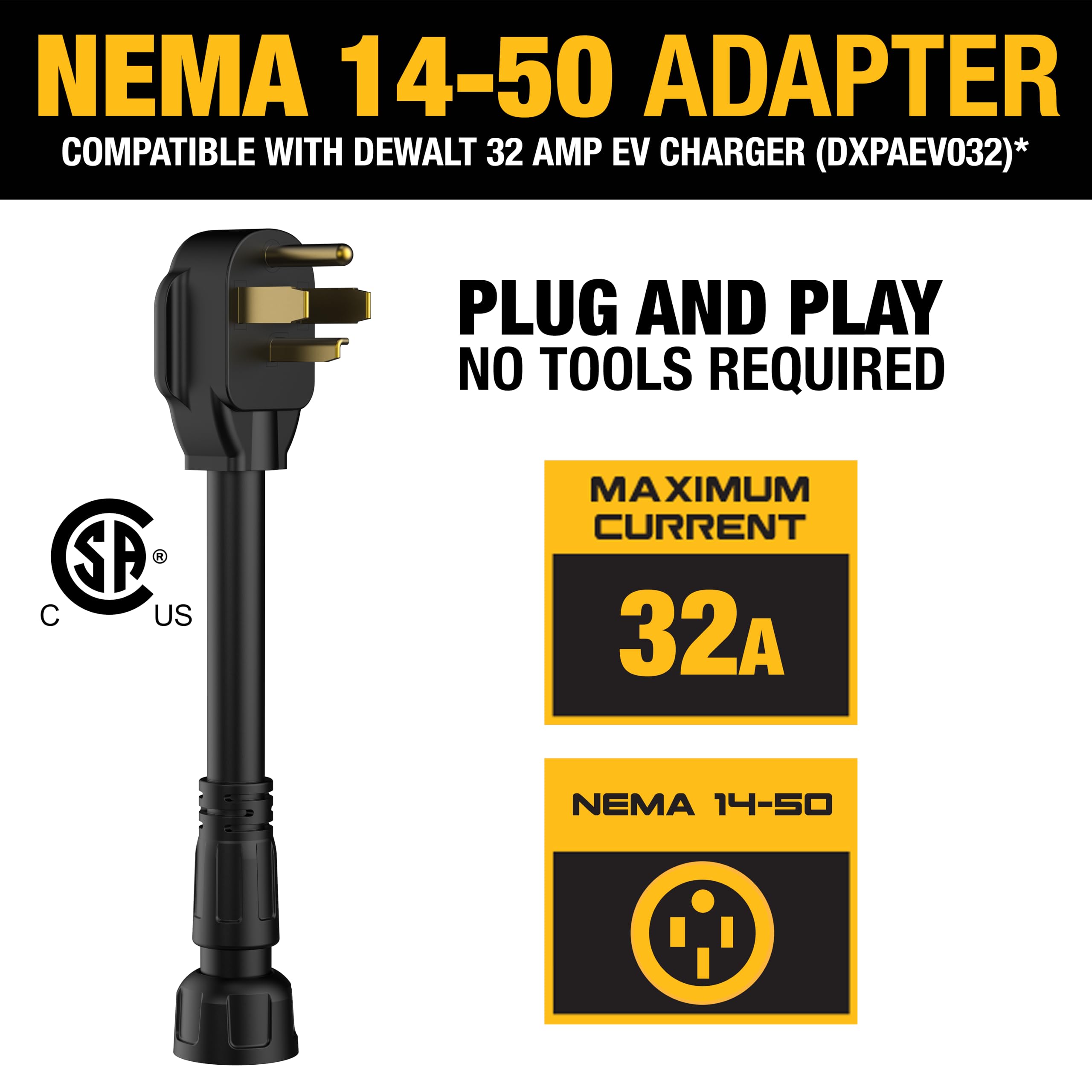 DEWALT NEMA 14-50 Adapter, 32A/240V, Compatible 32 Amp Portable EV Charger, High Power Connector, Easy to Connect, No Tools Requ