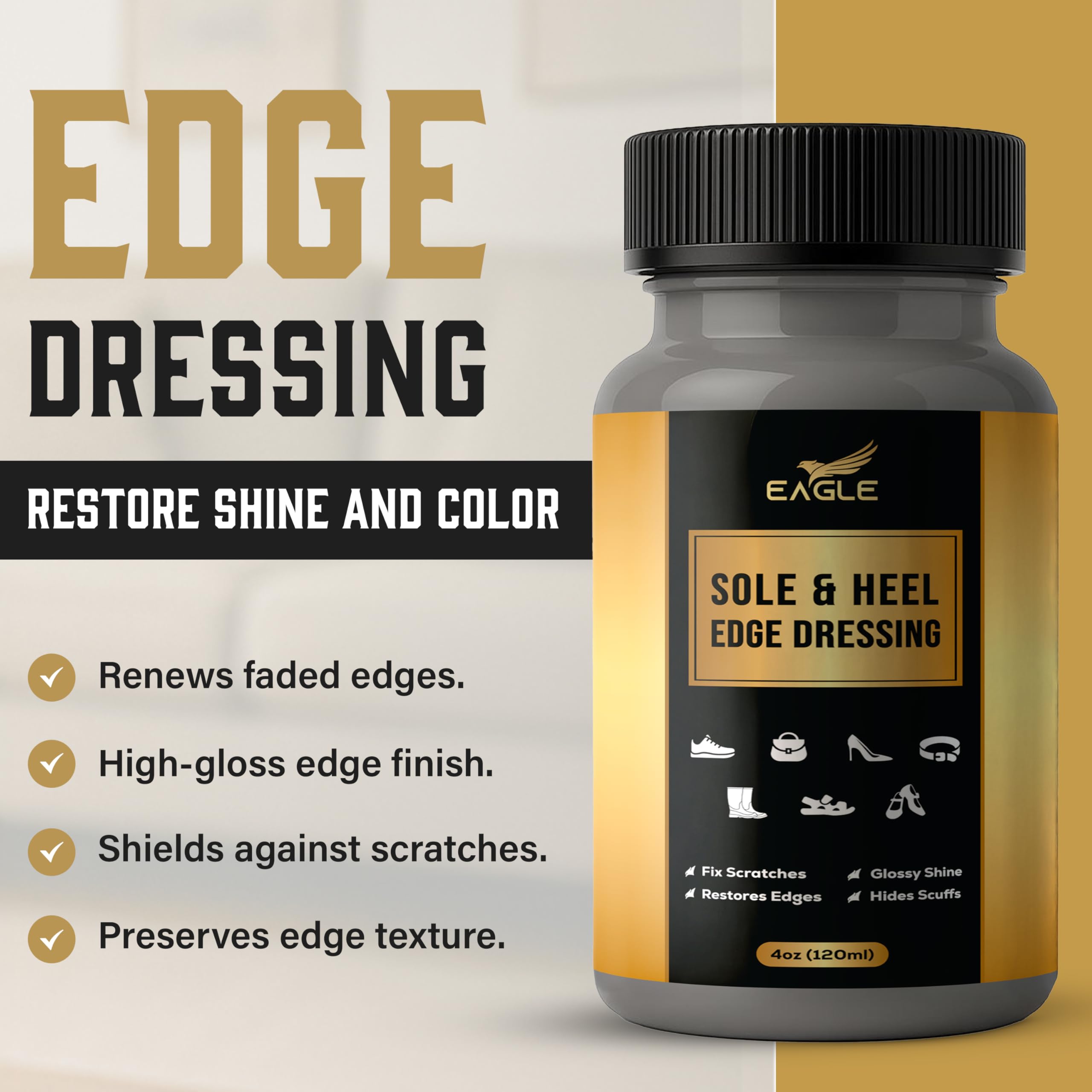 Eagle Sole and Heel Edge Dressing Black - High Gloss Shoe Polish for Leather Soles & Heels - Protective Liquid Edge Dye with Bui