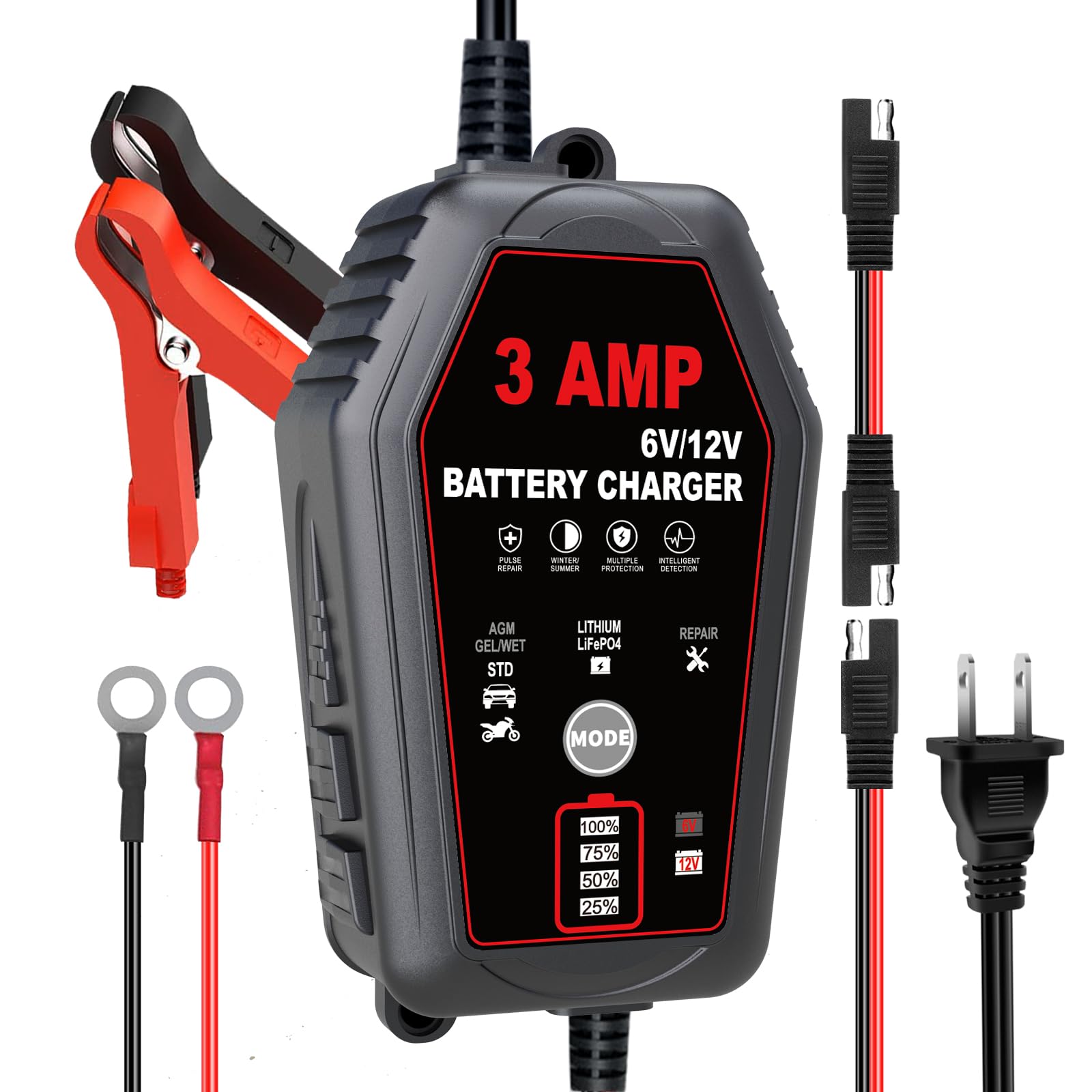 3 AMP Motorcycle Battery Charger and Maintainer, 6V/12V Smart Fully Automatic Battery Charger for Lithium Lead-Acid LiFePo4 Batt
