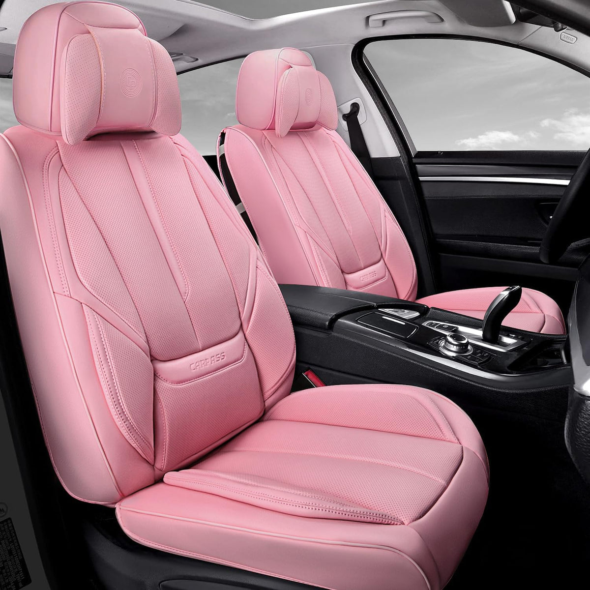 CAR PASS 2PCS Nappa Leather Seat Covers Front seat only Cushioned Waterproof Durable Two Piece, Pink Car Seat Cover with Lumbar 