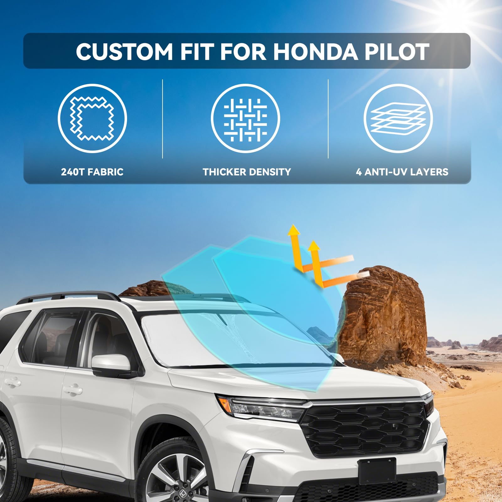 Sun Shade Sunshade For Honda Pilot 2016-2024 2025 Windshield Cover, 4-Layers Sun Shield 240T Silver Sun Visor Foldable Window Sh