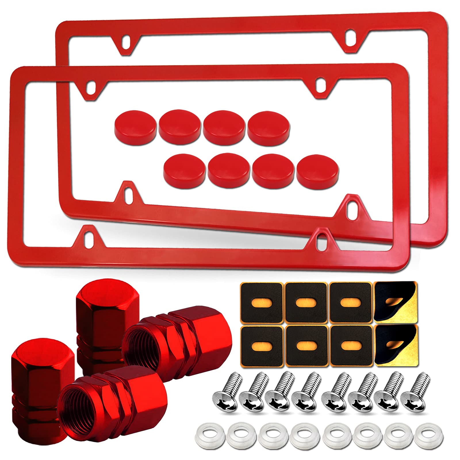 Youoy Red License Plate Frames- Aluminum Front Rear Car Tag Covers For Men Women, 2 Pack 4 Hole Thin Slim Holders With Mounting Hardware Kit- Stainless Steel Screws, Rattle Proof Pads