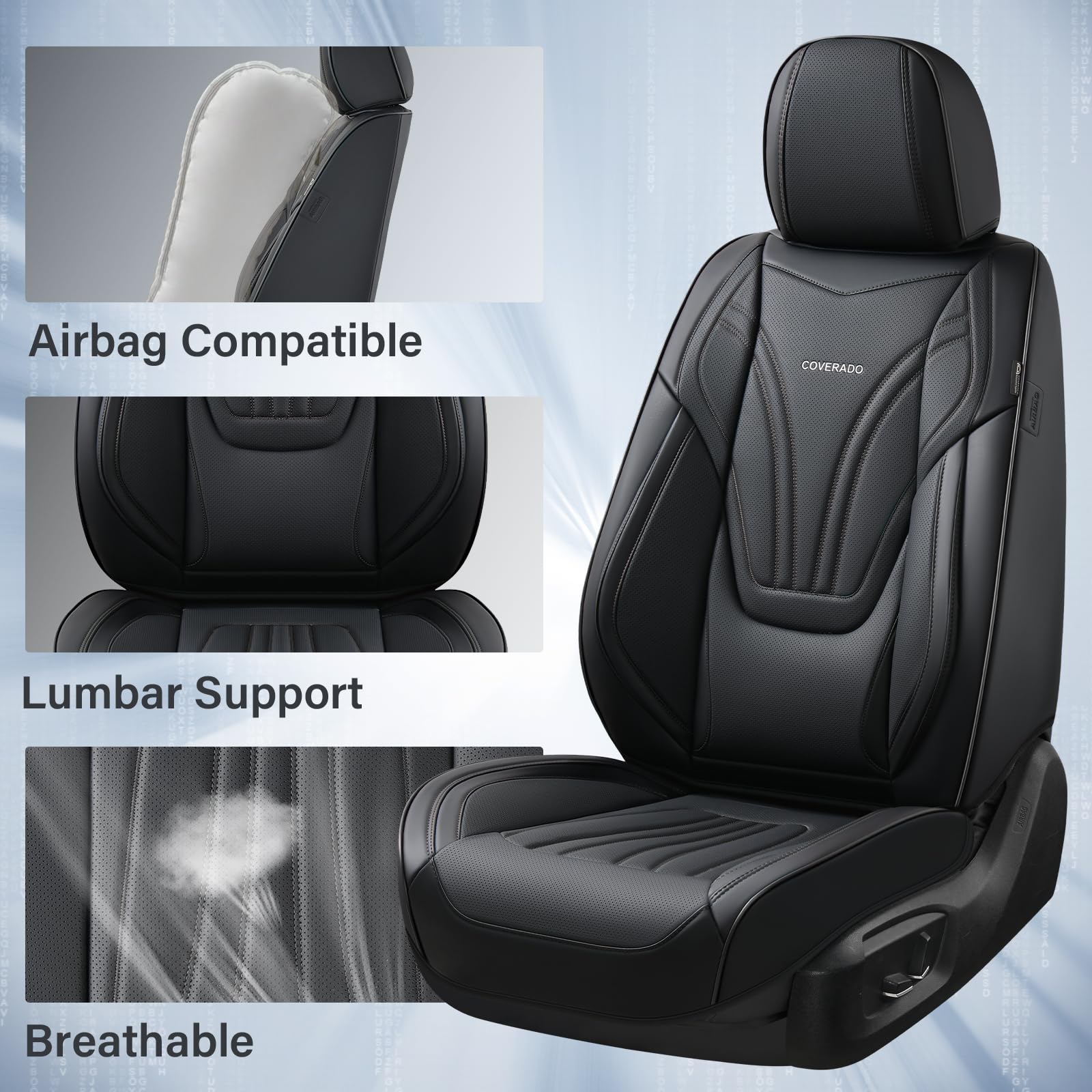 Coverado Car Seat Covers Front Seats, 2 Piece Car Seat Protector With Lumbar Support & Removable Headrest, Breathable Leather Se