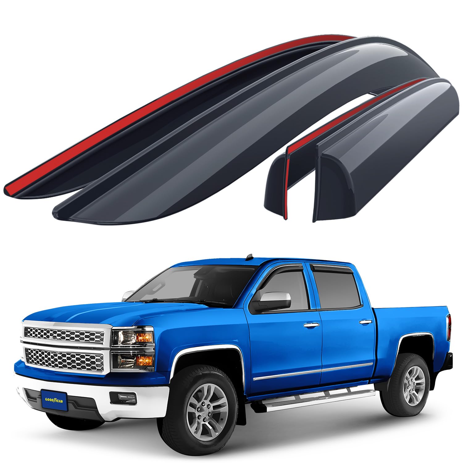 Goodyear Shatterproof Window Deflectors For Chevrolet (Chevy) Silverado/Gmc Sierra 2014-2018 Crew Cab, Tape-On Rain Guards, Wind
