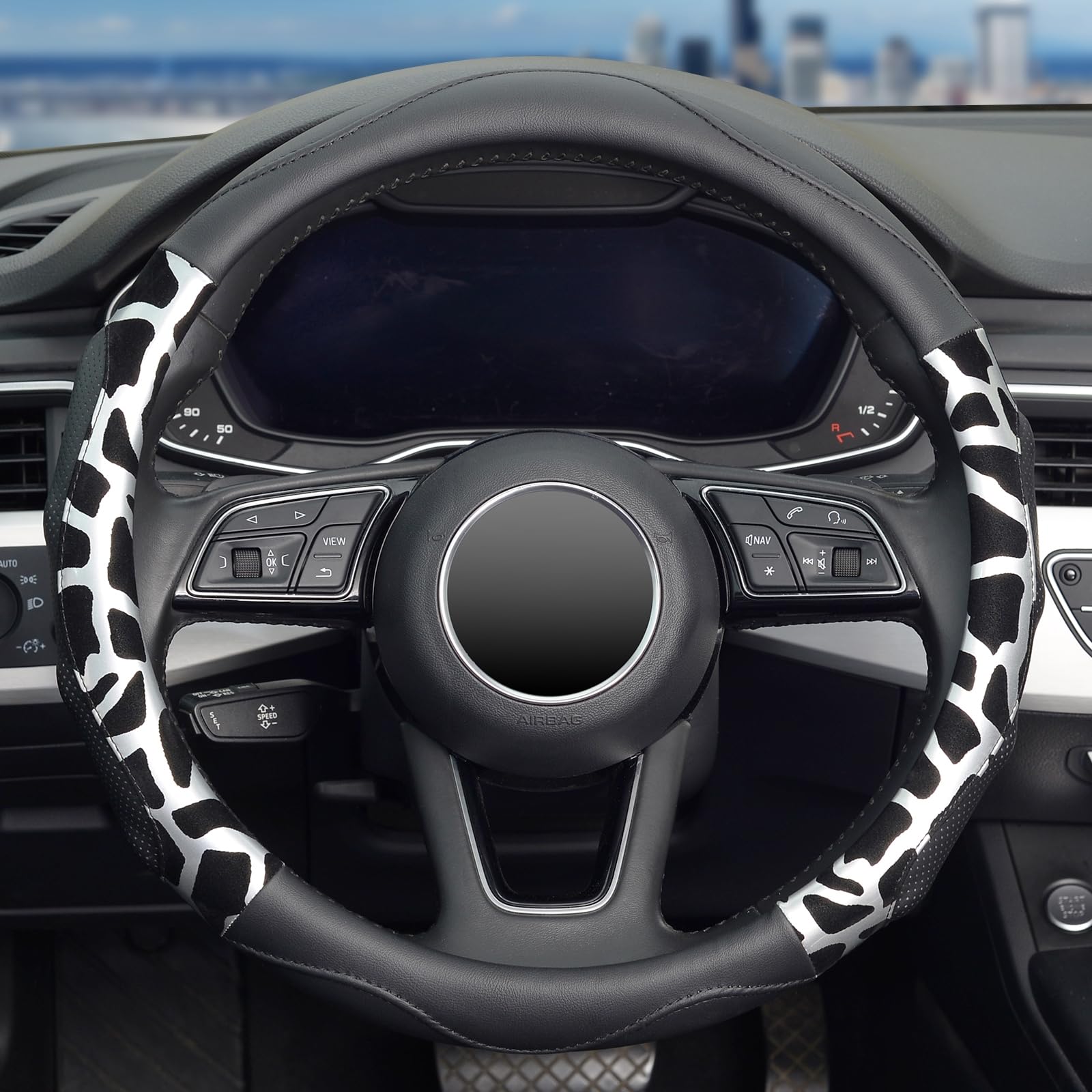 Zhol Car Steering Wheel Cover, Universal 15 Inch Breathable Microfiber Leather Steering Wheel Protector, Anti Slip Car Interior