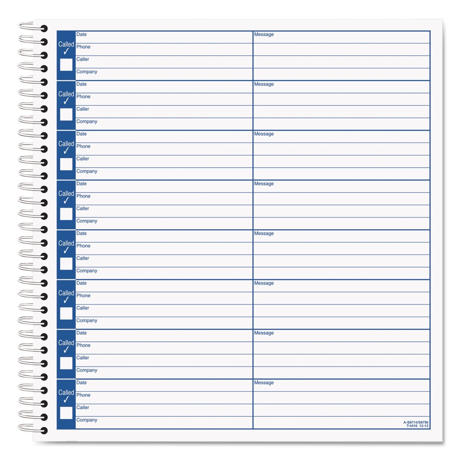 Tops Spiral Voice Message Log Book, 2-Sided, 1-Part, 8.5 X 8.25 Inches, 8 Messages Per Page, 800-Message Book (4416) , Manila