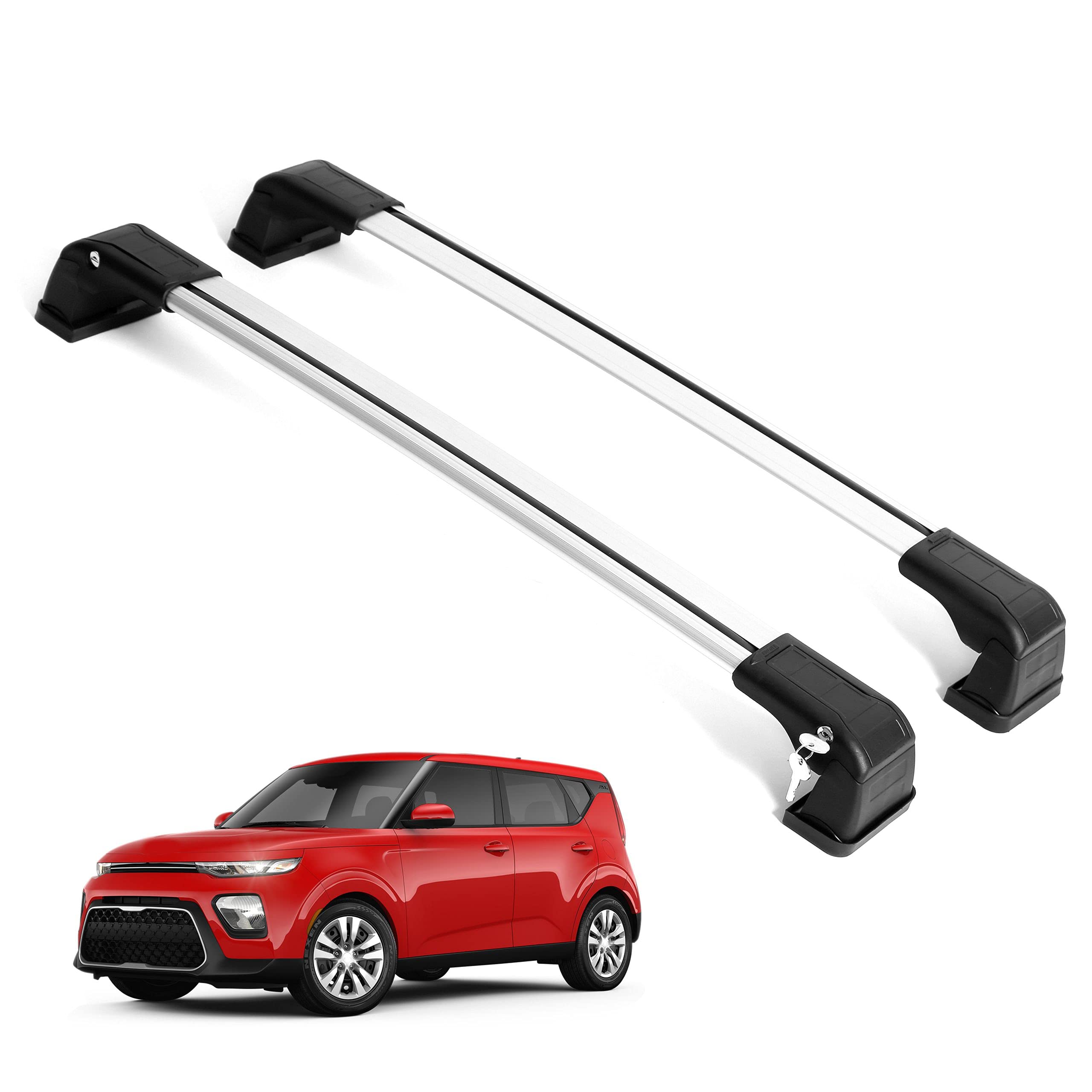 Erkul Heavy Duty 220 Lbs Roof Rack Cross Bars For Kia Soul 2020-2025 | Aluminum Crossbars With Anti Theft Lock For Rooftop | Compatible With Fixed Points Roofs - Silver