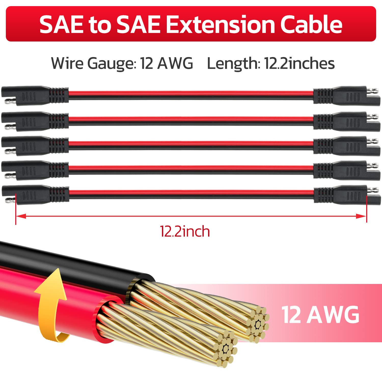 Gopayia 12 Awg Sae To Sae Extension Cable 12 Gauge 2-Pin Sae Connector Extension Cord With Dual Head Plug For Solar Panel Automo