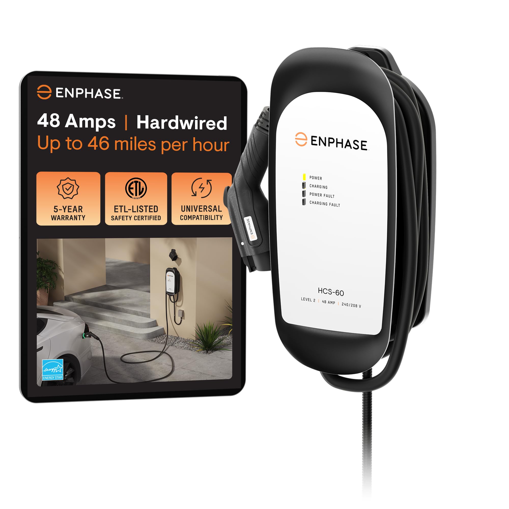 48 Amp Ev Charger, Enphase Hcs-60, Hardwired, 240V, 11.5Kw Power, Safety Certified, 5-Year Warranty, 25 Ft Cable, J1772 Ruggediz