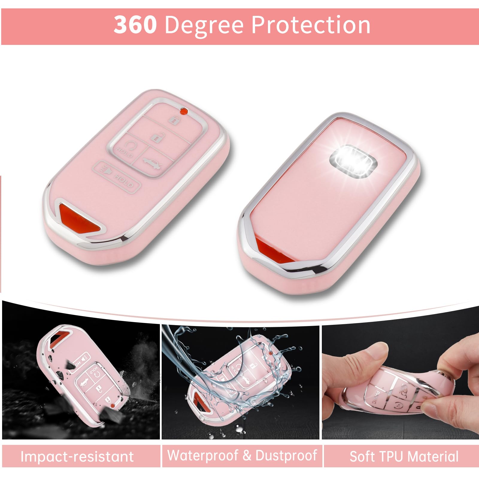 Pangpai Pink Key Fob Cover for Honda, Soft TPU Key Case Protection with Bling Keychain Fit for Honda Accord Civic CRV Pilot Odys