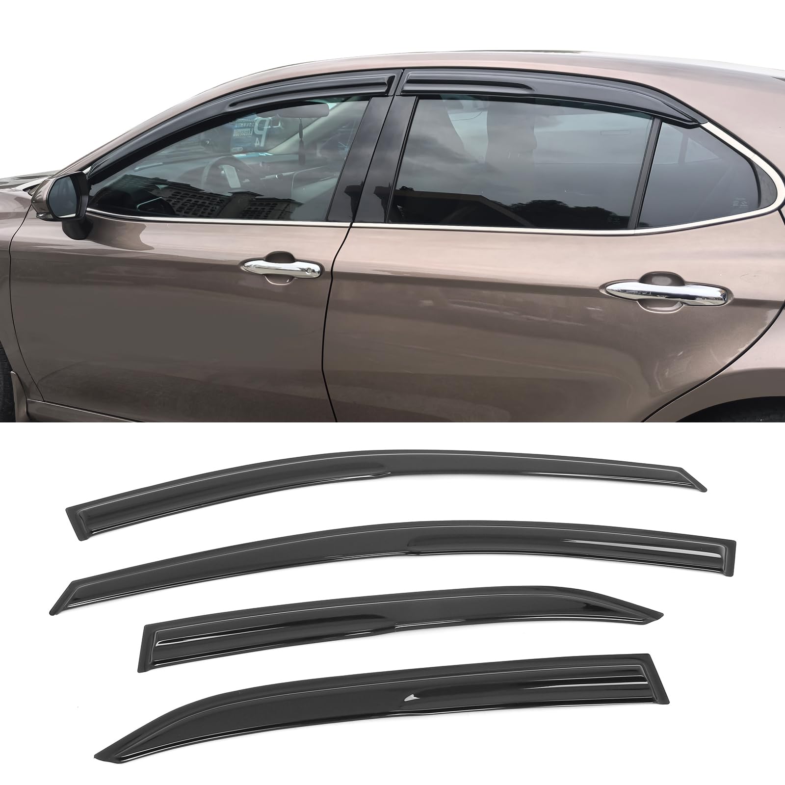 Ikon Motorsports Tape On Side Window Wind Deflectors, Compatible With 2018-2024 Toyota Camry, Mugen V2 Style Acrylic Smoke/Tinte
