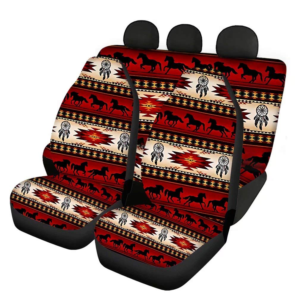 AFPANQZ Aztec Horses Car Seat Covers Full Set Red for Women Heavy Duty Car Accessories Decoration 4 Piece Universal Truck Sedan 