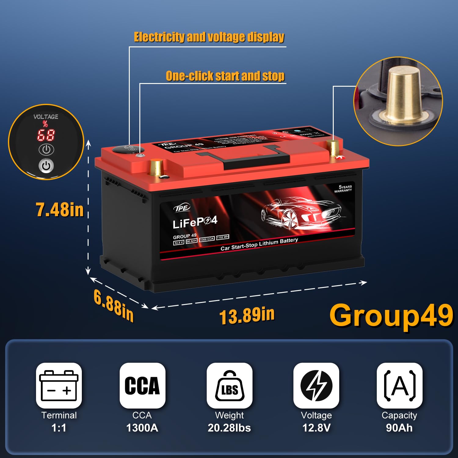 TPE Car Start-Stop Lithium Battery GROUP 49 12V 90AH Car Battery with 1300CCA - High-Performance Automotive Battery with 60 Mont