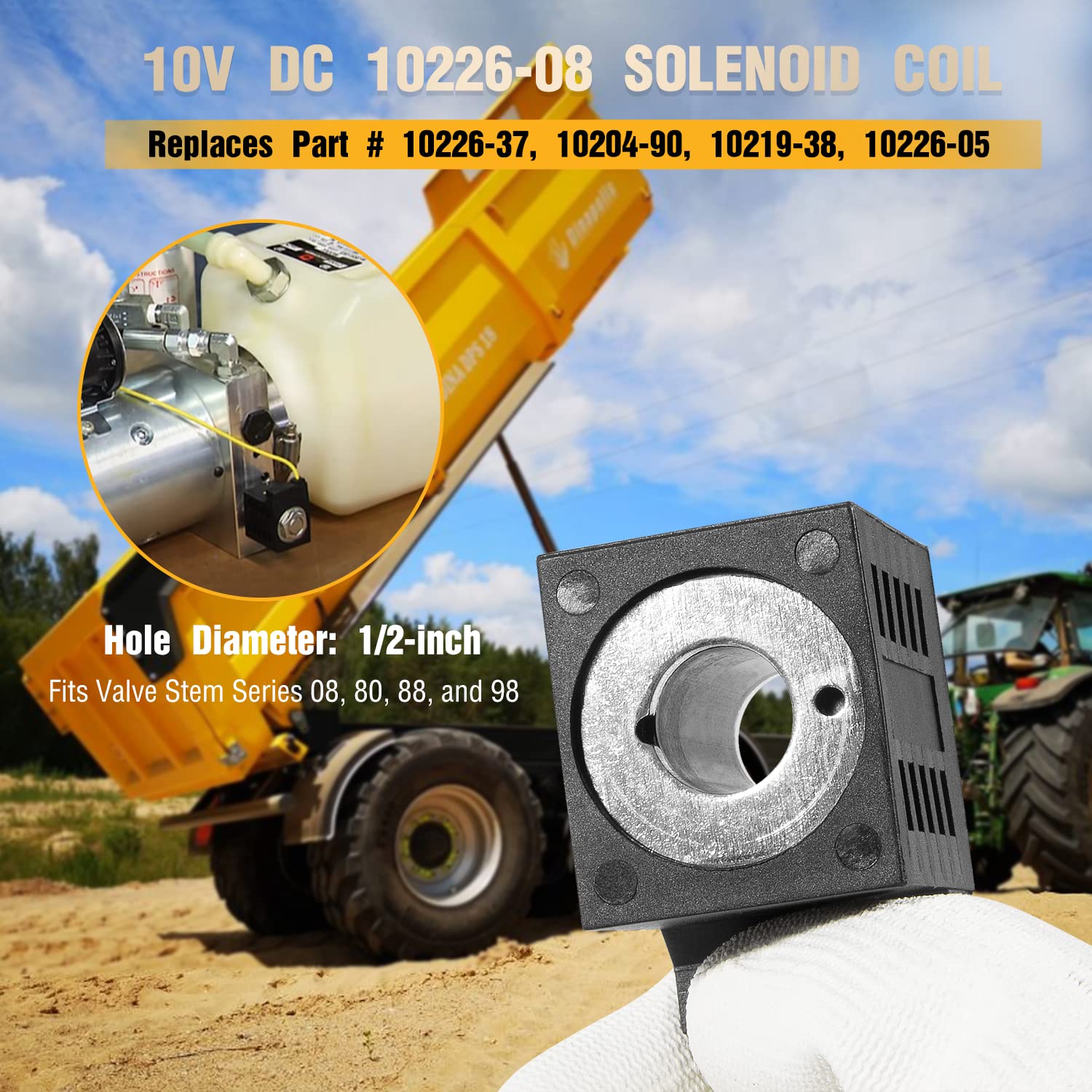 10226-08 Solenoid Coil, 10V Dc, 25W, Single Lead Wire, Fits Valve Stem Series 08 80 88 98, Dump Trailer Solenoid