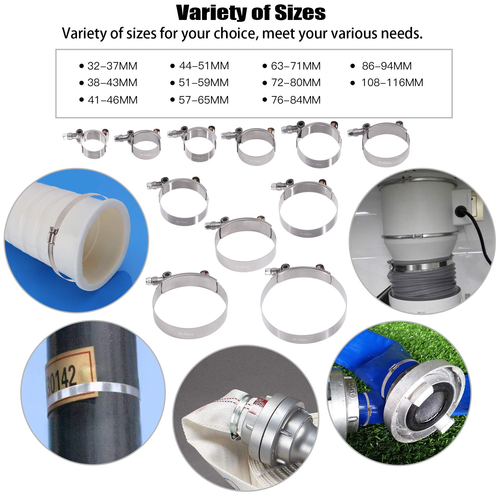 Glarks 12Pcs 51-59Mm Stainless Steel T-Bolt Hose Clamps Turbo Intake Soft Hose Intercooler Clamps