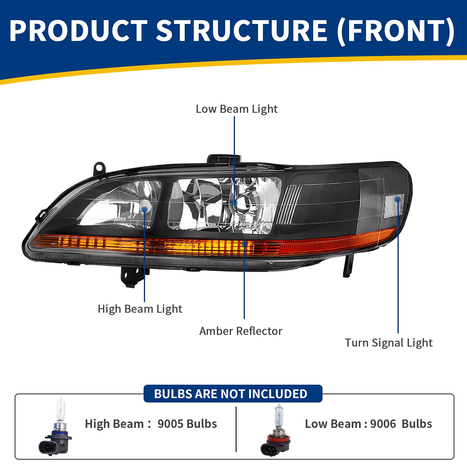 Autosaver88 Compatible With 98 99 00 01 02 Accord 2-Door / 4-Door Headlight Assembly Replacement Black Housing Amber Reflector