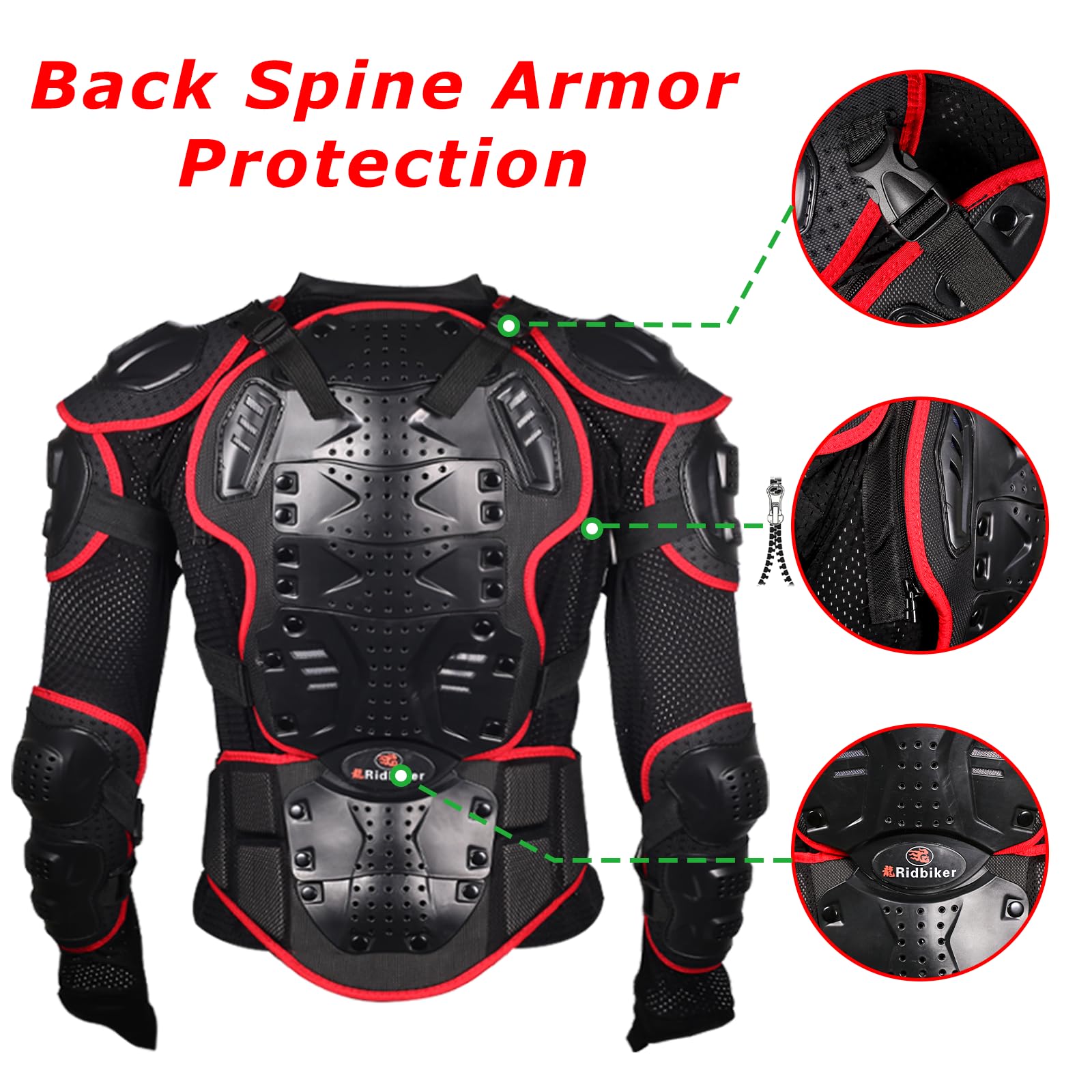 RIDBIKER Motorcycle Full Body Armor Jacket, Red, Large, Removable Spine Chest Protector, Model Ridbiker-14, Polypropylene