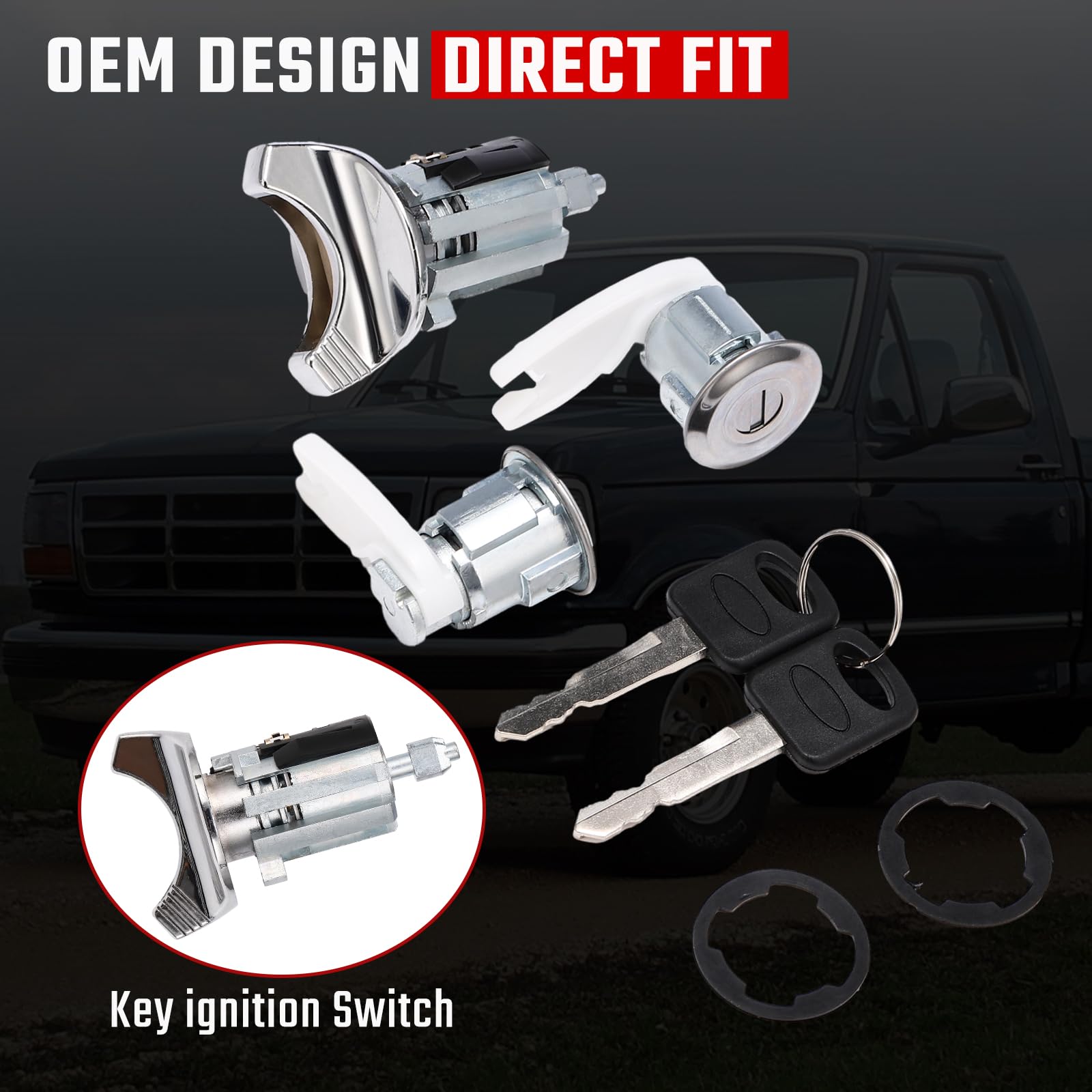 ISINFLASH Chrome Ignition Switch Lock Cylinder & Front Door Lock Cylinder with Keys Fit for Ford 1990-1995 Replace C-42-150 DP-4