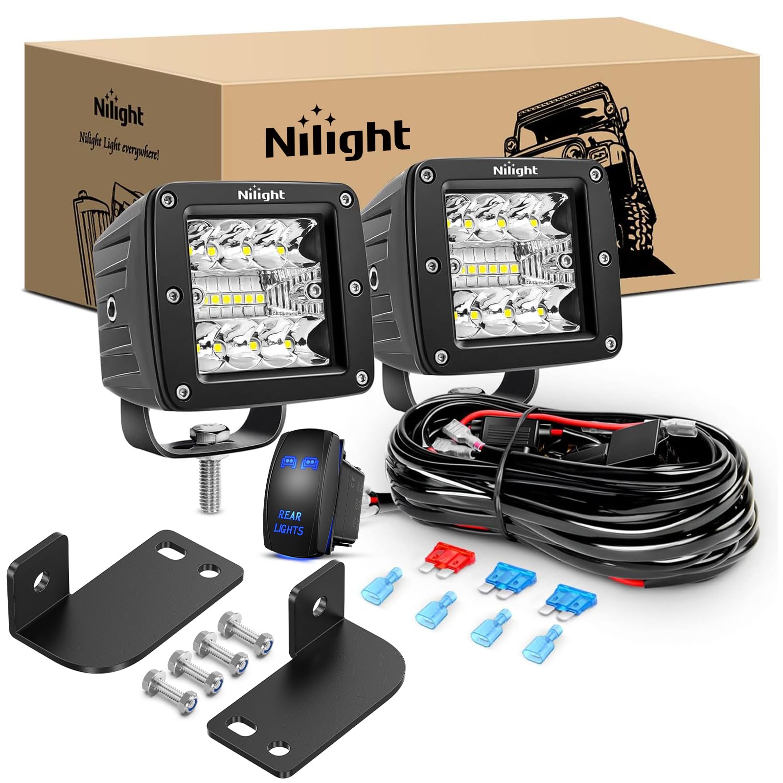 Nilight 2PCS 3 Inch LED Pods Cubes UTV Rear Roof Mounting Brackets LED Backup Reverse Lighting 15FT Wiring Harness Kit 2 Leads f