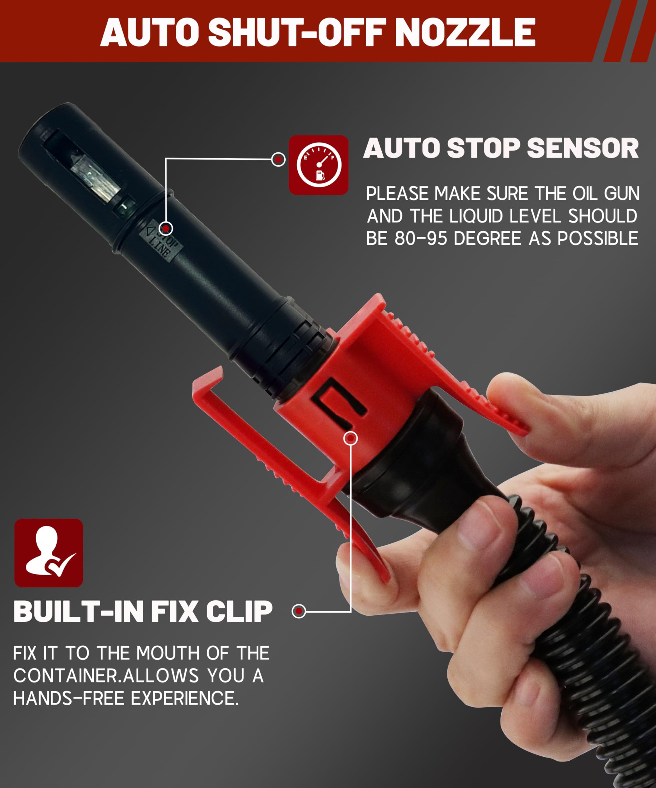 FUELIO Rechargeable Gas Can Pump - Electric Fuel Transfer Pump with Auto Shut Off Nozzle, Fix Clip, Extra Long Hose, 3 Adapters,