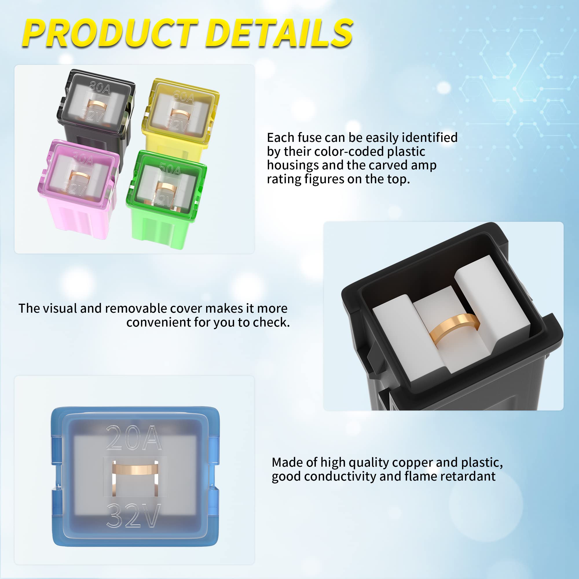 Joinfworld 36 Pcs Jcase Fuse Automotive Tall/Standard And Low Profile Jcase Box Shaped Fuses Assortment Kit (20A, 30A, 40A, 50A,