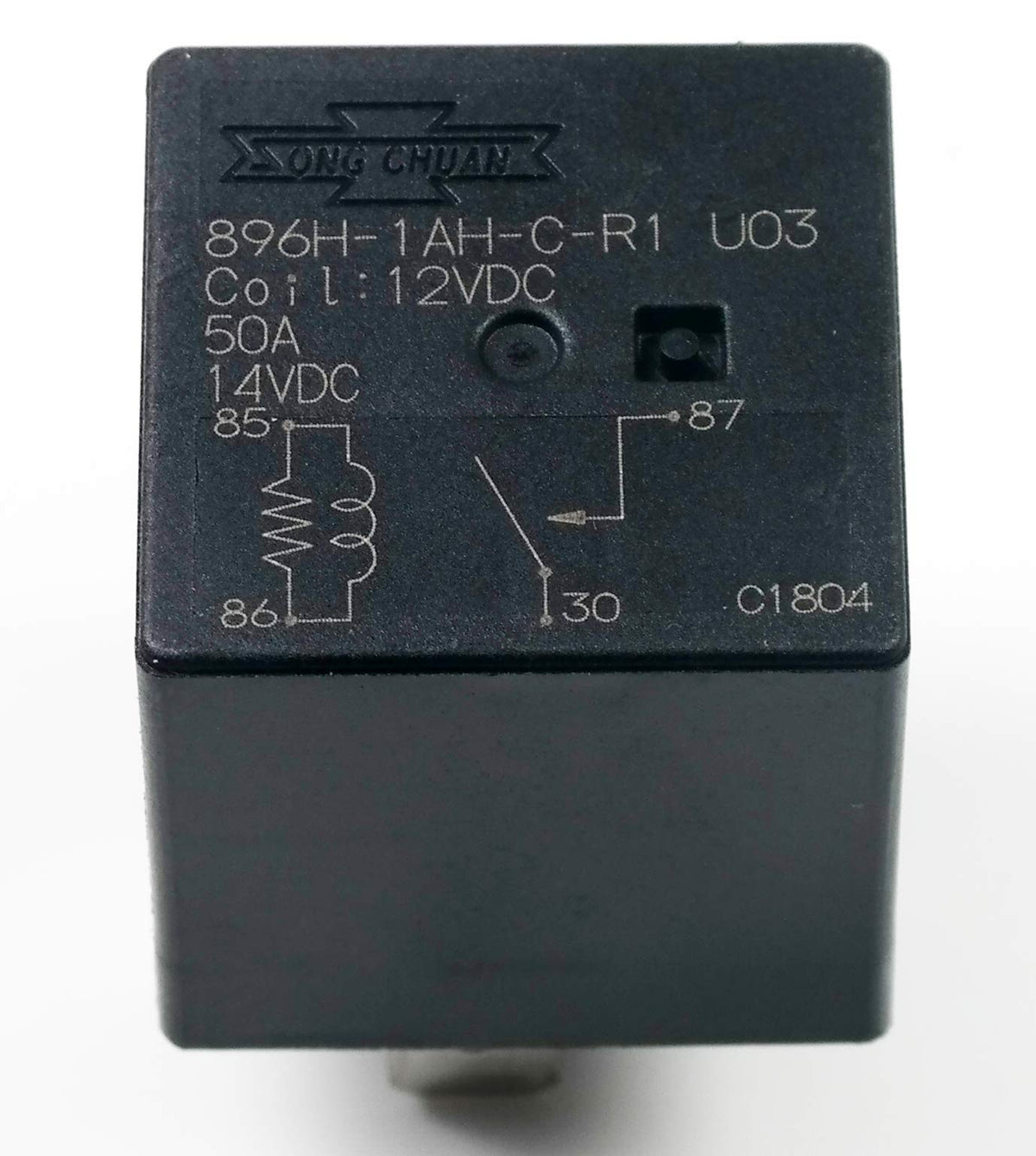 Song Chuan 12Vdc, 896H-1Ah-C-R1-U03 Mini High Power Spst 50A Relay, Flux Tight W/Resistor