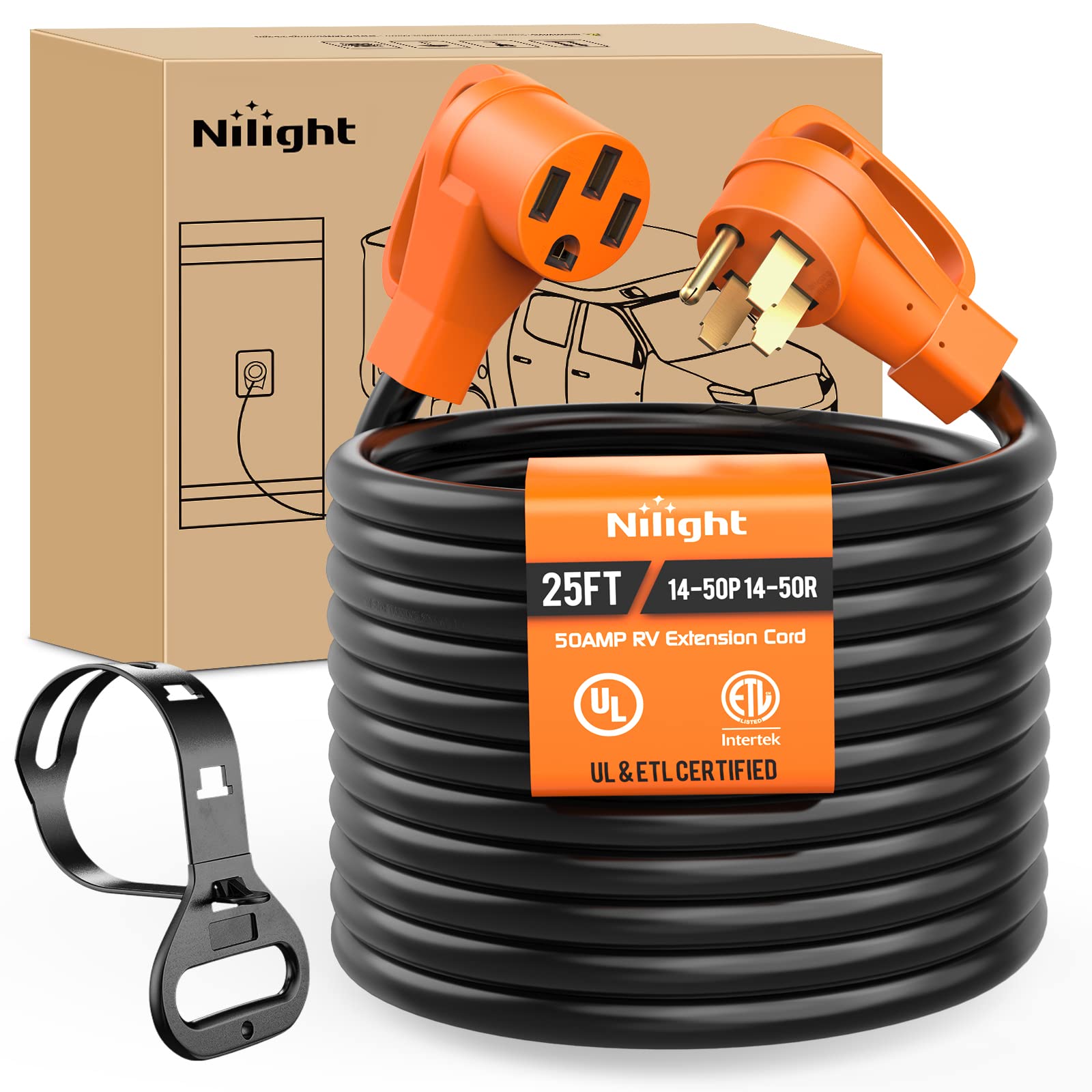 Nilight 50 Amp 25Ft Rv Ev Extension Cord 250V Heavy Duty 6/3+8/1 Gauge Pure Copper Stw Wire Ul Etl Listed 4 Prong 14-50P 14-50R