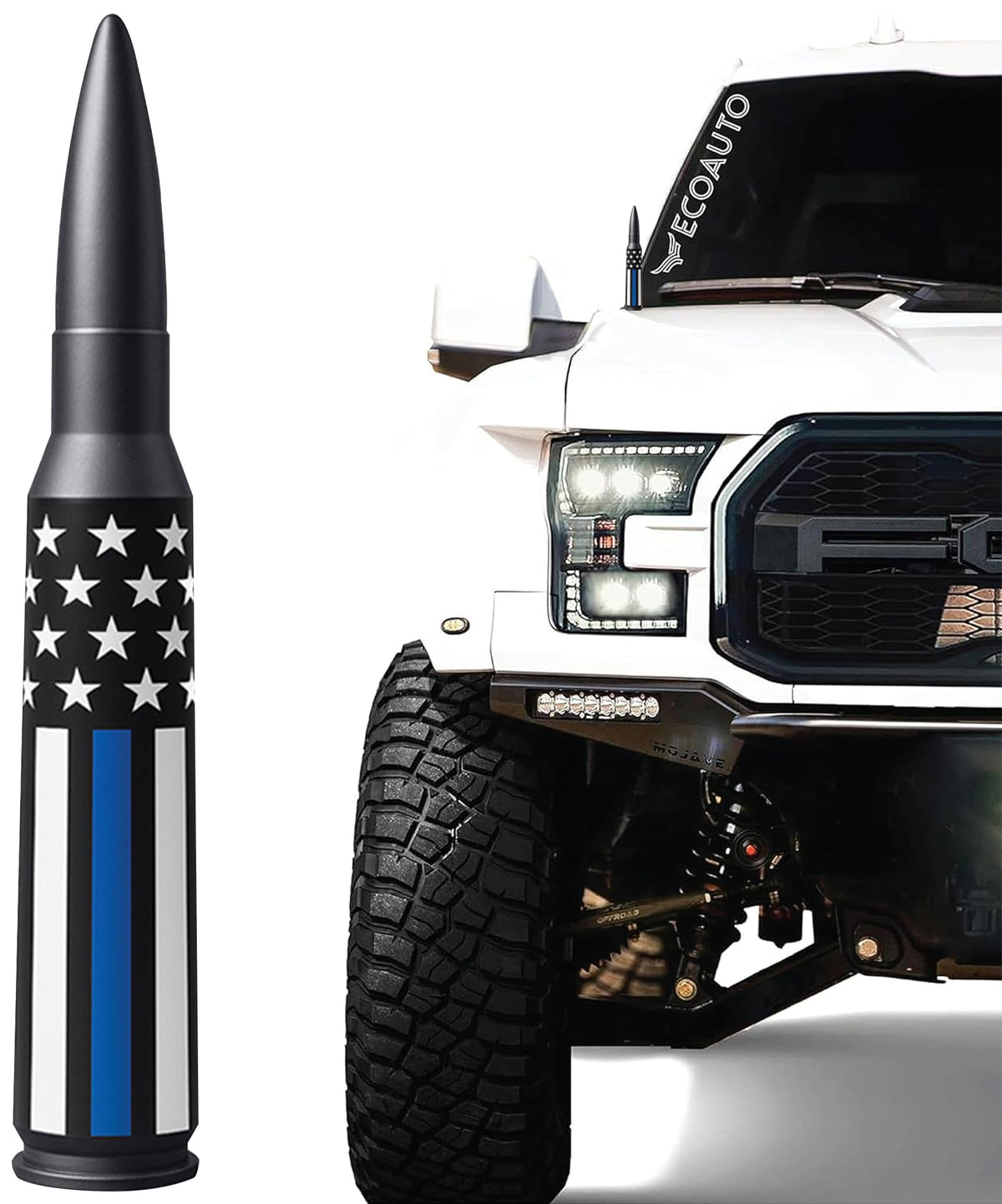 Ecoauto Badass Bullet Antenna Replacement For Dodge Ram & Ford F150 F250 F350 Super Duty Raptor Bronco Trucks - Anti-Theft Desig