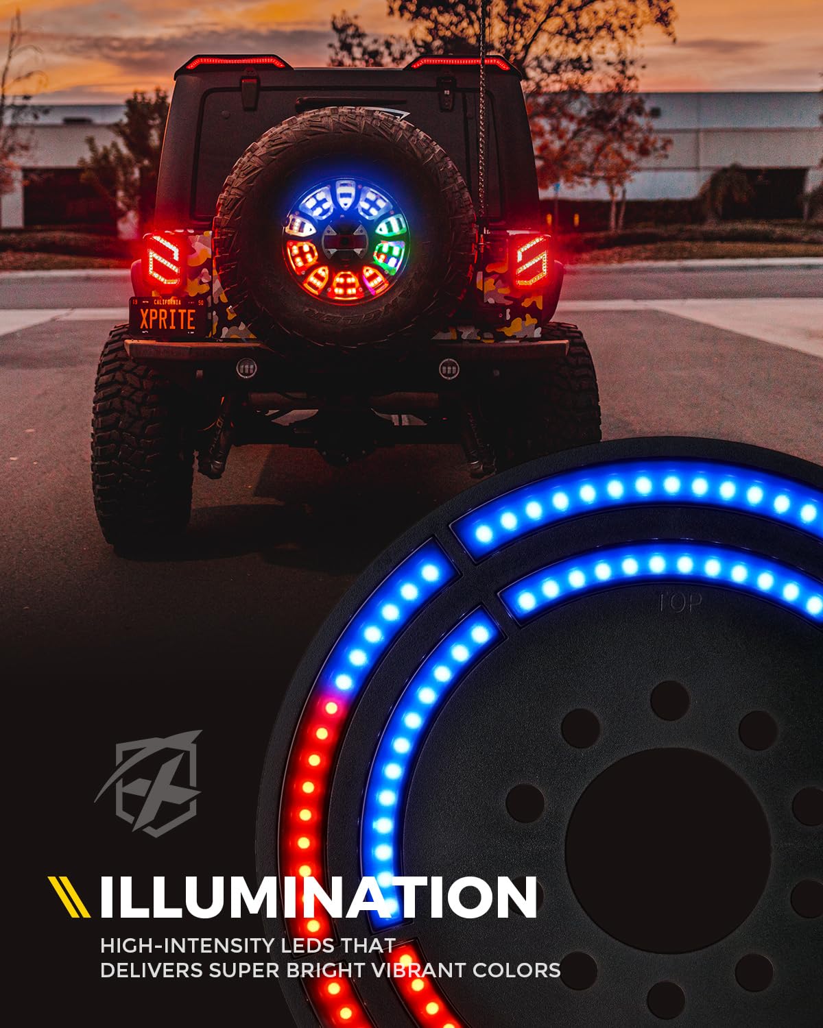 Xprite Rgb Spare Tire Brake Light - Dual Ring Rear Wheel Light Compatible With 2007-2018 Jeep Wrangler Jk Jku, Color-Changing Th