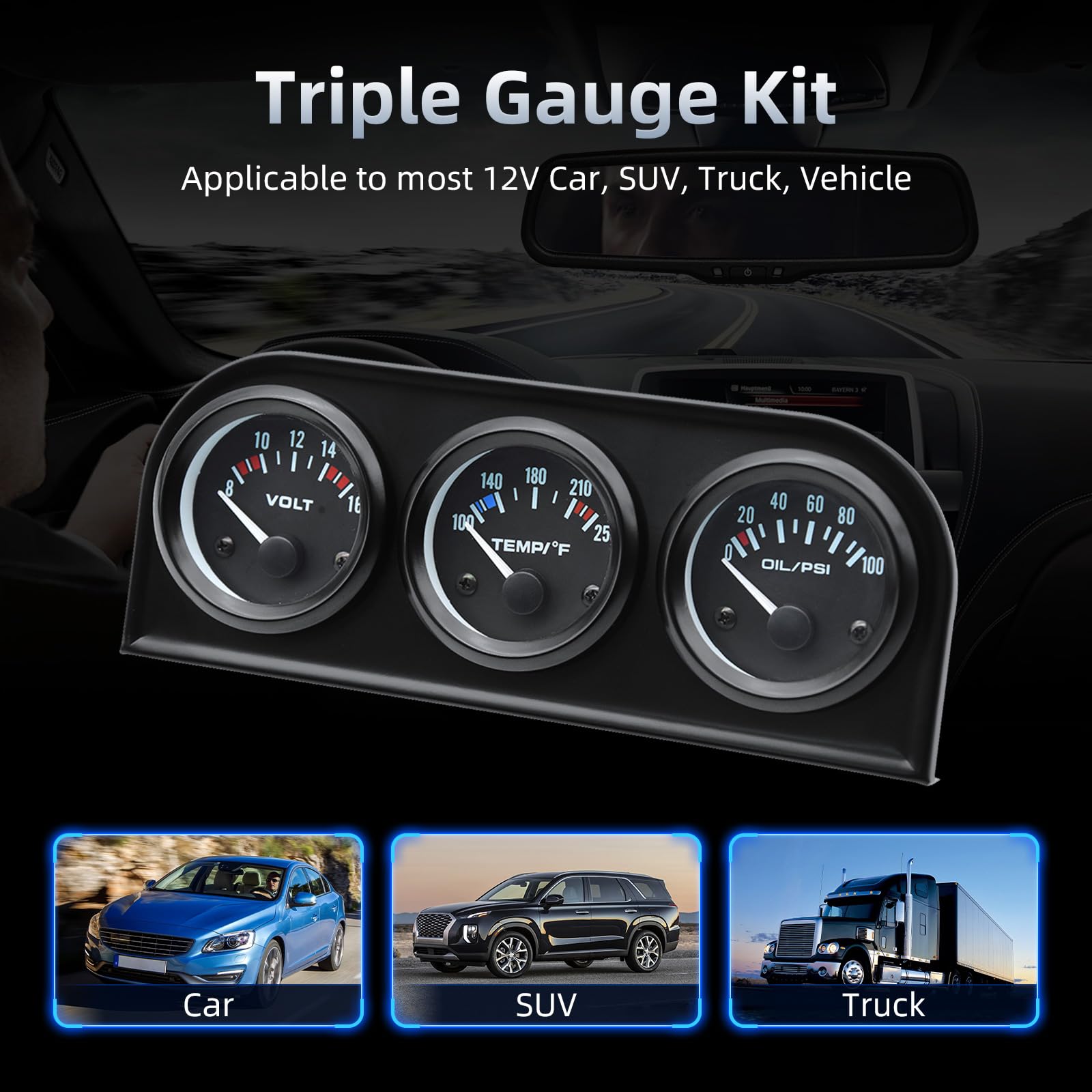 Artilaura 52Mm 3 In1 Car Auto Gauge Kit (Volt Meter+Water Temp+Oil Pressure Meter) Stainless Steel Triple Auto Dashboard Gauge S