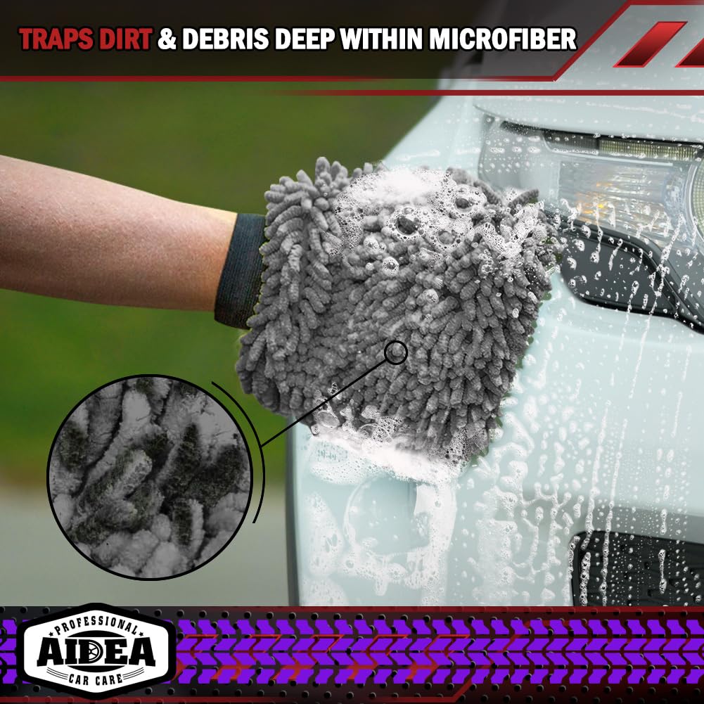 Aidea Car Wash Mitt Microfiber-2Pack, Scratch-Free& Lint-Free, Premium Chenille Microfiber Wash Mitt-Grey Extra Large Size (8''X