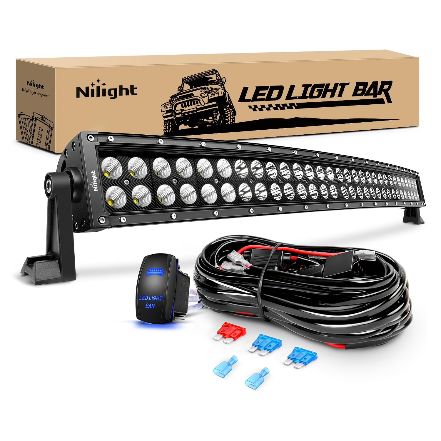 Nilight - Zh410 32Inch 180W Curved Led Light Bar Work Light Spot Flood Combo Offroad Driving Lights With 16Awg Wiring Harness Ki
