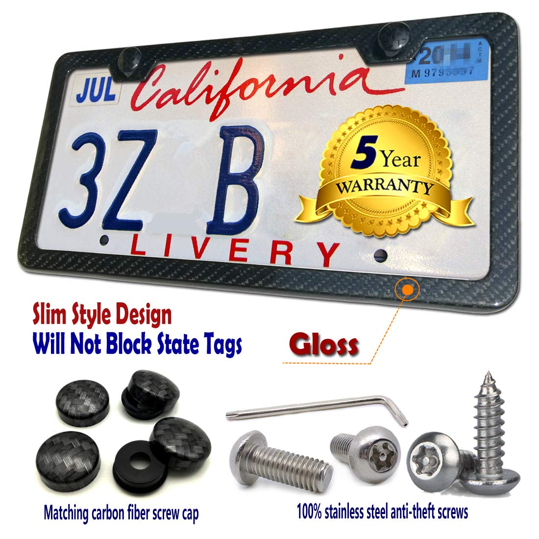 Aootf Carbon Fiber License Plate Frame - Stainless Steel License Plate Cover Handmade Covering 100% Real Carbon Fiber | Stainles